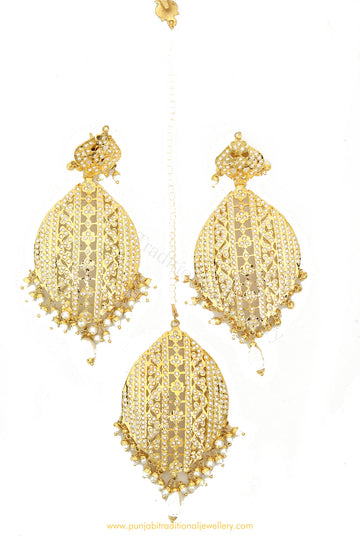Gold Finished Pearl Jadau Earrings & Tikka Set By PTJ